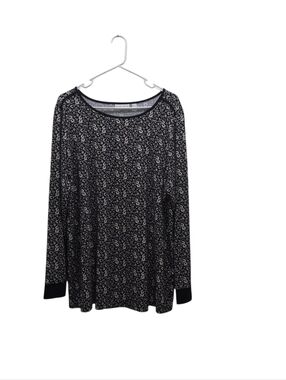 Susan Graver Black Long Sleeve Scoop Neck Top White Floral Print Size XL